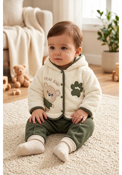 Ahengim Ayıcık Detaylı Kapüşonlu Peluş Hırkalı Bebek Alt Üst Takım 2 Parça Ak324905 Haki