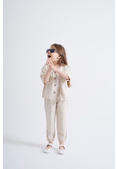 Oliven The Kid Oliventhekid Bej Keten Beli Ve Paçaları Lastikli Cepli Rahat Unisex Çocuk Pantolon Bej Bej