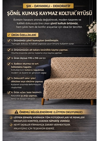 Lüks Şönil Kaydırmaz Yıkanabilir Sakallı Koltuk Örtüsü - Çekyat Örtüsü - Oturma Ve Sırt 170x210 Ebat Gri