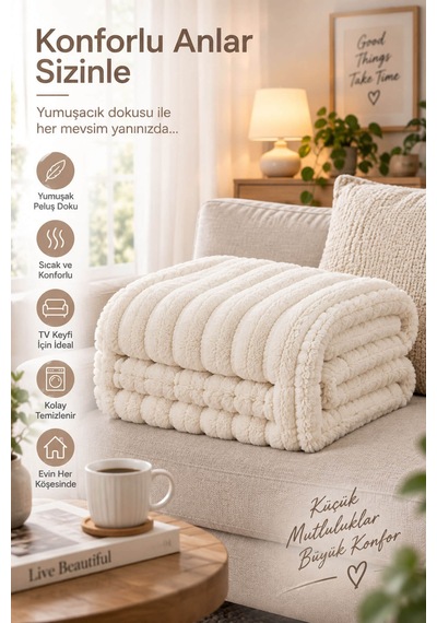 Tek Kişilik Peluş Tv Diz Battaniyesi 100x175 Cm Krem
