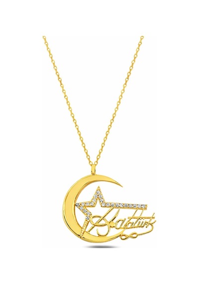 Çekirdekjewelry 925 Ayar Gümüş Atatürk İmzalı Ay Yıldız Kolye Rodyum Kaplama Taşlı Model Sarı