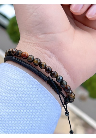 Nursaat Doğal Taş Özel Kombin Kaplan Gözü Ve Karlı Obsidyen Taşı Doğal Unisex Bileklik Blkt.ns07 2 Adet Çok Renkli