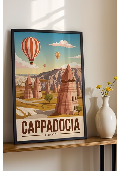 Kapadokya Tablo - Retro Travel Poster - Peri Bacaları Duvar Dekoru - Çerçeveli İllüstrasyon Siyah