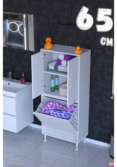 Deniz Kirli Sepetli Ve Kapaklı Raflı, Çok Amaçlı Banyo Dolabı - 65 X 138 X 32,5 Cm 65 Cm