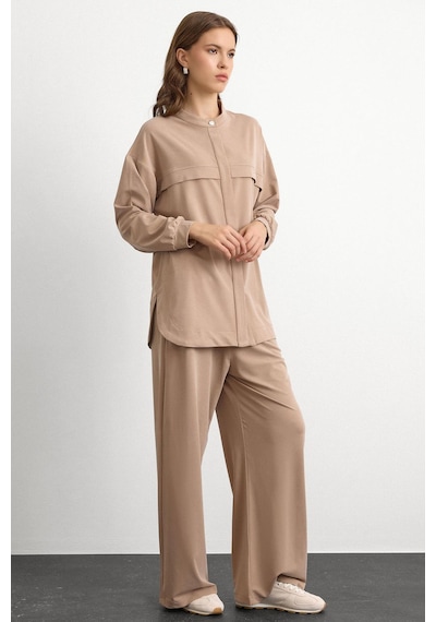 Olcay Bisiklet Yaka Önü Patlı Premium Sweat İkili Takım Bej 9384-tk
