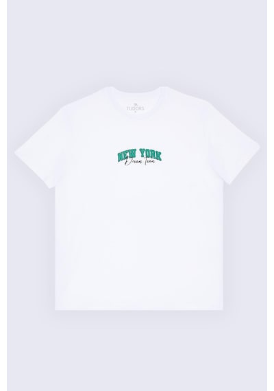 Tudors Erkek Slim Fit Dar Kesim %100 Pamuk Yumuşak Dokulu Baskılı Beyaz Bisiklet Yaka Tişört-33058 Beyaz