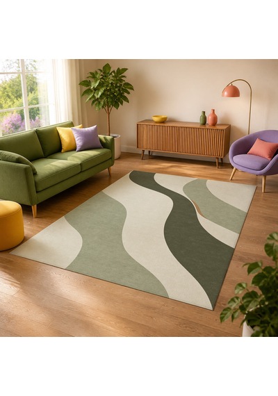 Kartela Halı Akış Dalgalı Modern Halı Adaçayı Yeşili Kaymaz Taban Makinede Yıkanabilir 60x90 Cm