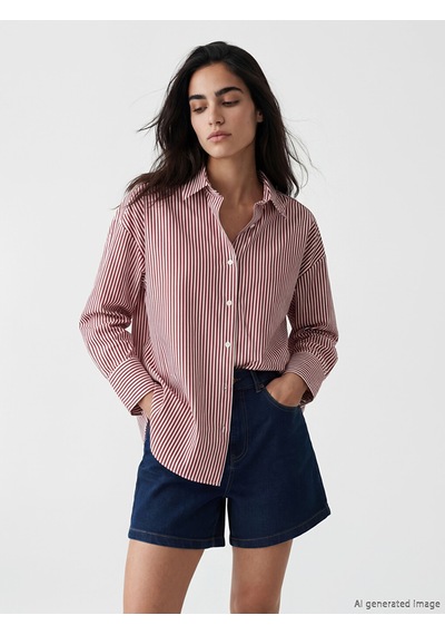 Lcw Vision Mürdüm Çizgili Oversize Poplin Kadın Gömlek