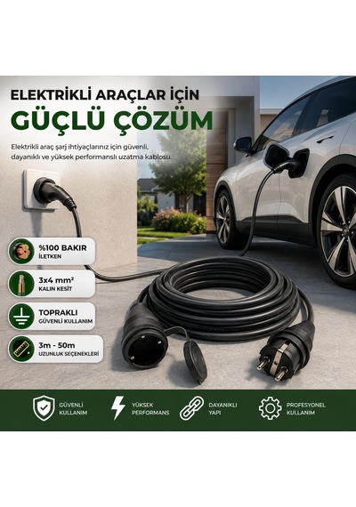 Elektrikli Araç Şarj Uzatma Kablosu,%100 Bakır 3x4 Mm², Topraklı Ev Şarj Ve Güç Uzatma Kablosu, Kalın Kesit Profesyonel Kullanım 15 Metre Diger