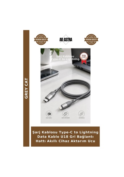 Şarj Kablosu Type-c To Lightning Data Kablo U18 Gri Bağlantı Hattı Akıllı Cihaz Aktarım Ucu
