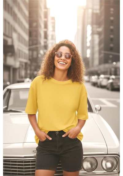 Mily Kadın Oversize Basic Bisiklet Yaka Pamuklu T-shirt Rahat Kesim Unisex Sevgili Kombini Sari