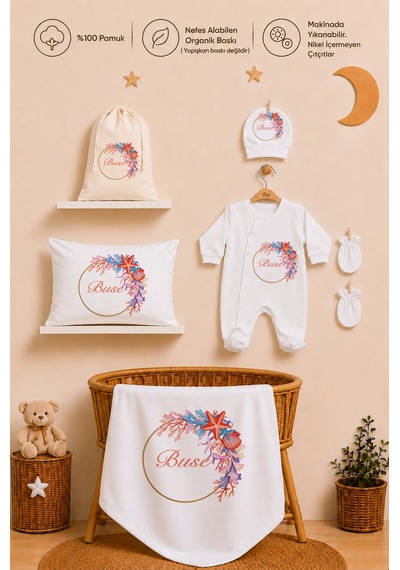 Pia Baby İsme Özel Kız Bebek %100 Pamuk Hastane Çıkışı Tulum Şapka Eldiven Kıyafet Keseli Hediye Seti 1037tybk0x Krem
