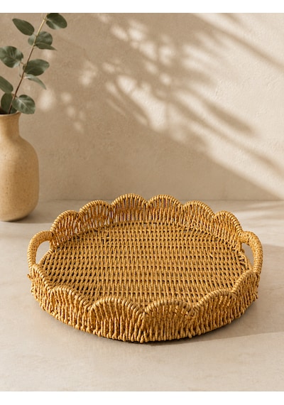 Orta Boy Yuvarlak Hasır Tepsi Servis Sunum Tepsisi Organizer Düzenleyici 30cm Açık Sarı