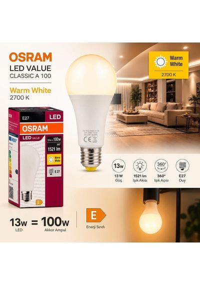 Osram Led Value Classic A100 E27 Led Ampul 13w 1521 Lümen 100w Eşdeğeri Uzun Ömürlü Enerji Tasarruflu Ampul 10'lu Diğer Osram Led Value Classic A100 E27 Led Ampul 13w 1521 Lümen 100w Eşdeğeri Uzun Ömürlü Enerji Tasarruflu Ampul 10'lu Diğer
