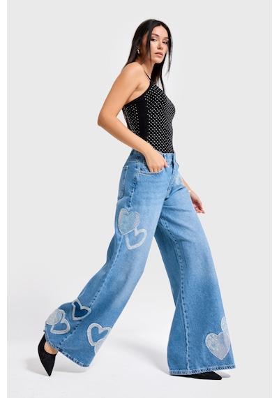it's basic Kadın Kot Rengi 2s54 Parlak Taşlı Kalp Detaylı Bol Kesim Tasarım Denim Jean Mavi