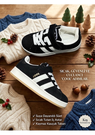 Cool Kids Çocuk Unisex Kışlık Su Geçirmez Kaydırmaz Hafif Kauçuk Taban Rahat Deri Spor Ayakkabı siyah