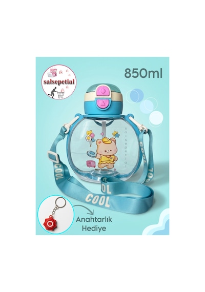 Ayıcık Su Matarası Ayıcıklı Suluk Figürlü Su Şişesi Ayıcık Matara Askılı Pipetli Matara 850ml Turkuaz