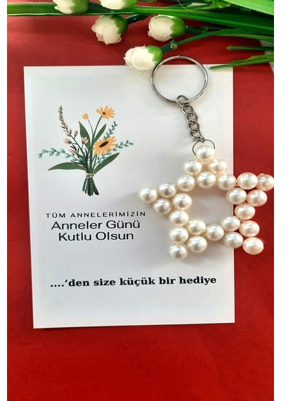 Anneler Günü için Çiçek Buketi Kartlı İnci Yıldız Anahtarlık 20 Adet