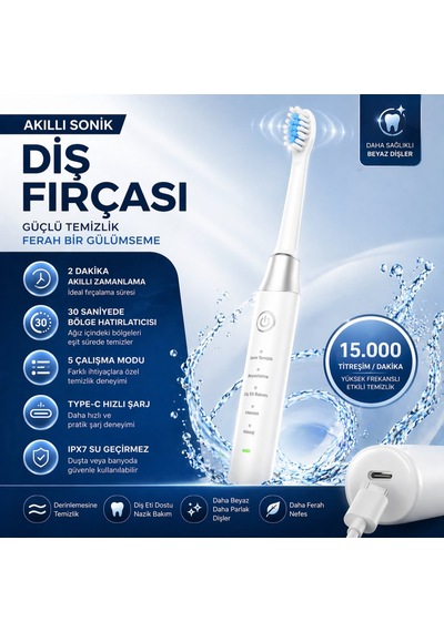 Akıllı Sonik Diş Fırçası 15000 Titreşim/dk 5 Mod Type-c Şarj Ipx7 Su Geçirmez Şarjlı Elektrikli Diş Fırçası