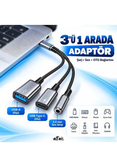 Lunatic 6660 Usb Type C To Otg Çoklayıcı Çevirici Adaptör 3.0 Hızlı Şarj 3.5mm Kulaklık 3in1 Dönüştüc