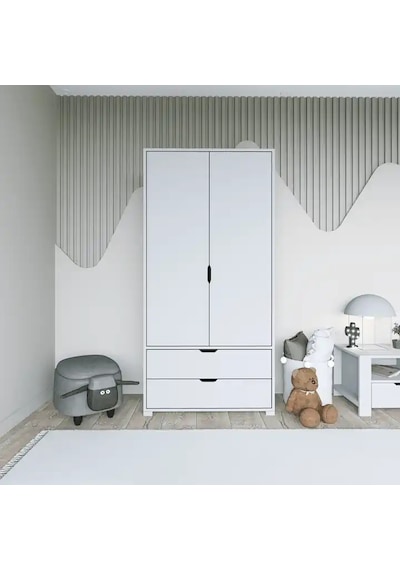 Duru 90 Cm Mat Beyaz 2 Kapılı 2 Çekmeceli Elbise Dolabı - Gardırop Beyaz