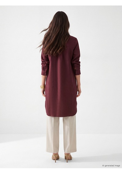 Lcw Everyday Bordo Oversize %100 Keten Kadın Gömlek Tunik