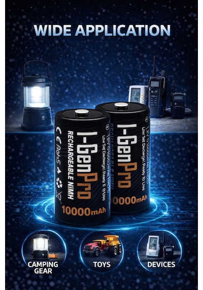 I-gen G32d 2'li Aa/aaa/c/d Pil Şarj Aleti + 2 Adet Pro D 10.000 Mah 1.2v Ni-mh Şarjlı D Büyük Boy Pilli Set