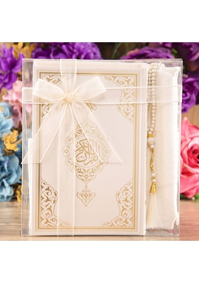 Hediyelik Kuran-ı Kerim, İnci Tesbih, Seccade, Asetat Kutulu 25x18 Cm Mevlid Paketi-krem