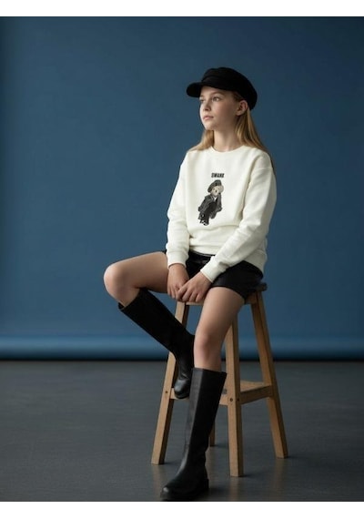 Kız Çocuk İki İplik Ayıcık Nakışlı Tasarım Sweatshirt-16467 Ekru