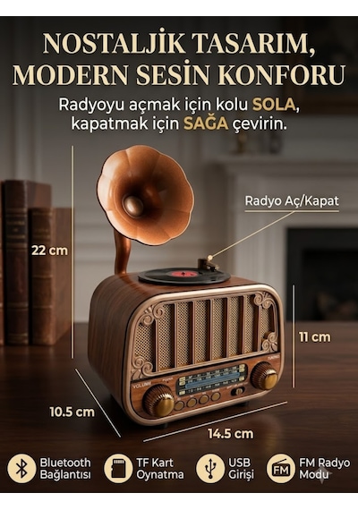Dexxony Md-1318 Ahşap Tasarım Nostaljik Radyo - Gramofon Dekorlu Şarjlı Bluetooth Hoparlör  Seti