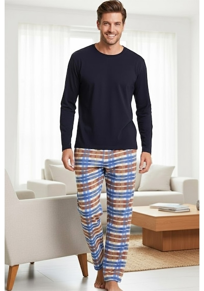 Siyah İnci Uzun Kollu Pamuklu Örme Pijama Takım 7972 Ekose