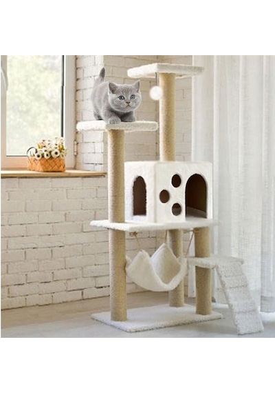 Reyo Pet B-10 Hamaklı Yuvalı Lüx Kedi Tırmalama Oyun Evi Beyaz