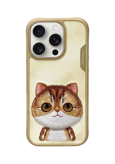 Apple iPhone 16 Pro Uyumlu 3d Göz Golden Kedi Detaylı Gerçek Nakış İşlemeli Kabartmalı Big Eyes Kılıf