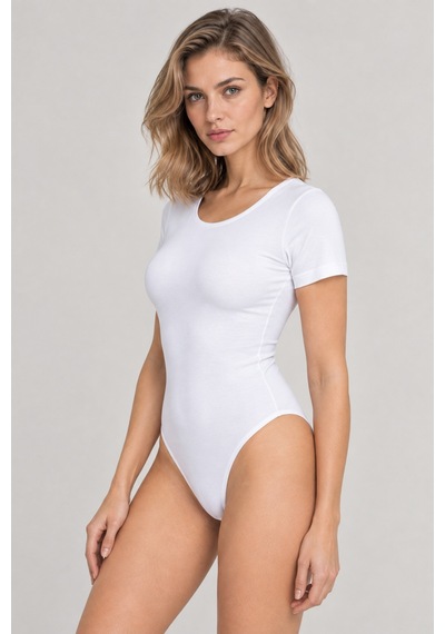 Loule Kadın Kısa Kollu Bisiklet Yaka Pamuklu Alttan Kancalı Body Beyaz