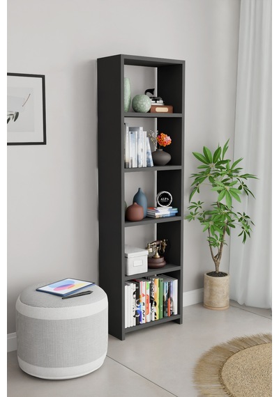 Alpaevmobilya Ahşap 5 Raflı 150 Cm Çok Amaçlı Açık Kitaplık Dekoratif Salon Rafı Düzenleyici Ve Organizer Antrasit