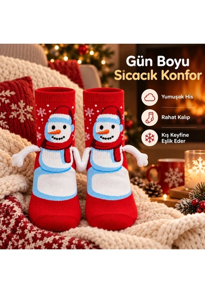 Genel Kadın Kırmızı Kardan Adam Desenli Yılbaşı Çorabı 3d Kollu Sevimli Ve Şık Kışlık Kırmızı / 39-44