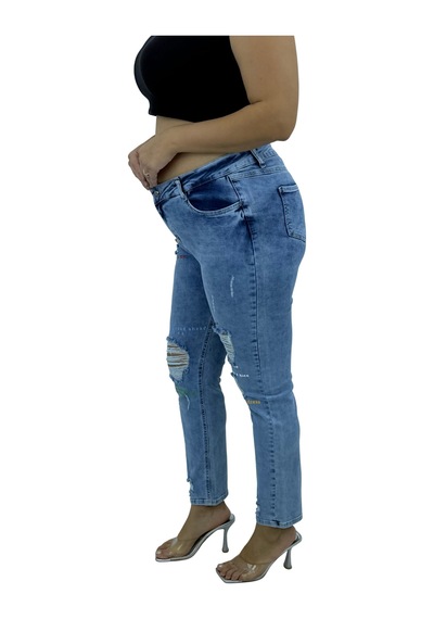 Büyük Beden Denim Yırtık Yıpratma Detaylı Dar Paça Kadın Pantolon Mavi