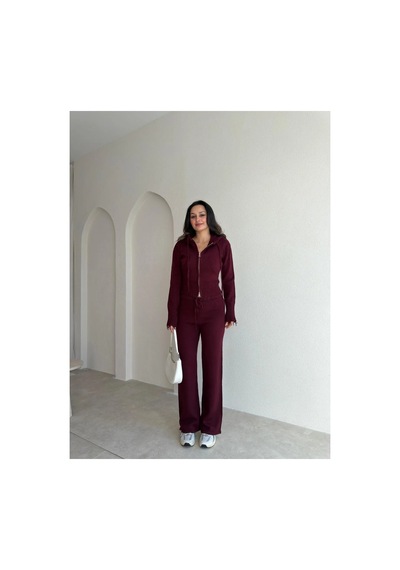 Rabia Çelik Kadın Fermuarlı Kapüşonlu Yüksek Bel Pantolon Hırka Triko Alt Üst Takım Bordo Bordo Rabia Çelik Kadın Fermuarlı Kapüşonlu Yüksek Bel Pantolon Hırka Triko Alt Üst Takım Bordo Bordo