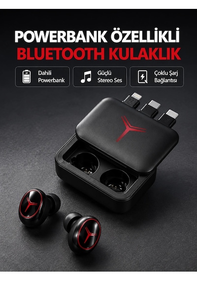 Powerbank Özellikli Bluetooth Kablosuz Kulaklık Dokunmatik Kontrol, Uzun Pil Ömrü, Ergonomik Tasar