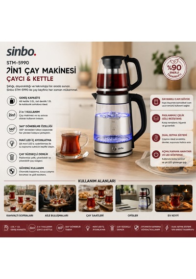 2in1 Çaycı - Kettle Çelik Elektrikli Çay Makinesi 2lt + 1,2lt Çay Süzgeçli 360 Dönebilir Stm-5990 5728