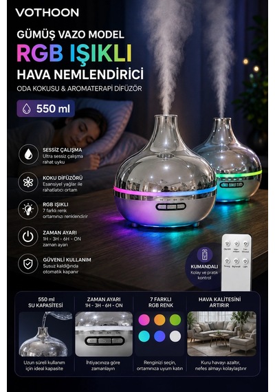 Gümüş Vazo Model Rgb Işıklı Hava Nemlendirici & Aromaterapi Difüzör 550 Ml Kumandalı