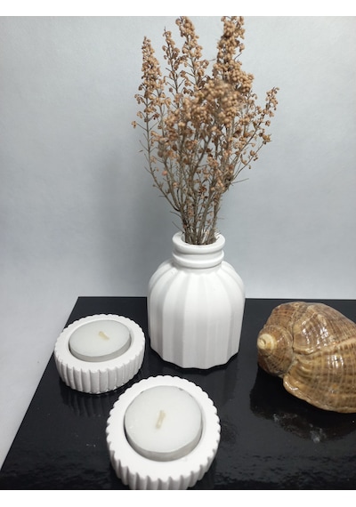 İnce Çizgili Vazo - Modern & Minimal Dekoratif Obje, Salon Ve Ofis Çiçeklik, Beyaz Beyaz