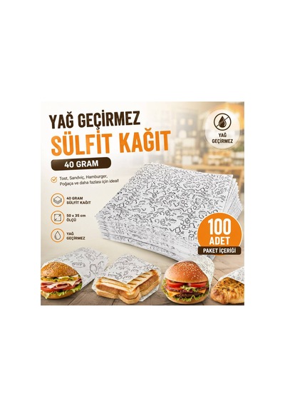 Yağ Geçirmez Sülfit Kağıt 40 Gr 50x35 Cm 100 Adet Hamburger Tost Sandviç Paketleme Kağıdı
