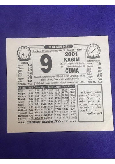 9 Kasım 2001 Takvim Yaprağı - Nostalji Koleksiyonluk Takvim Yaprağı B