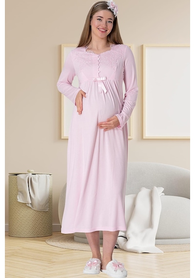 Mecit Pijama Mecit 5417 Pembe Uzun Sabahlıklı Lohusa Gecelik Takımı
