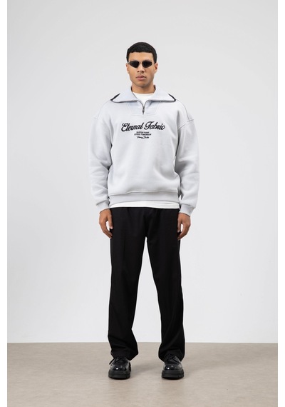 Vamos Oversize Fermuarlı Yaka Sweatshirt Açık Gri