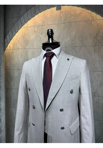 Dupont Classics Dupont Erkek Slim Fit 6 Drop Çizgili Kruvaze Viskon Çift Yırtmaç Takım Elbise Açık Gri