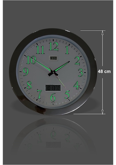 Dev Büyük 48 Cm Krom Metal Çerçeve Fosforlu Duvar Saati Gece Karanlıkta Görünen Nemölçerli Termometreli Takvimli Sessiz Kayar Akar Saniyeli Açık Gri