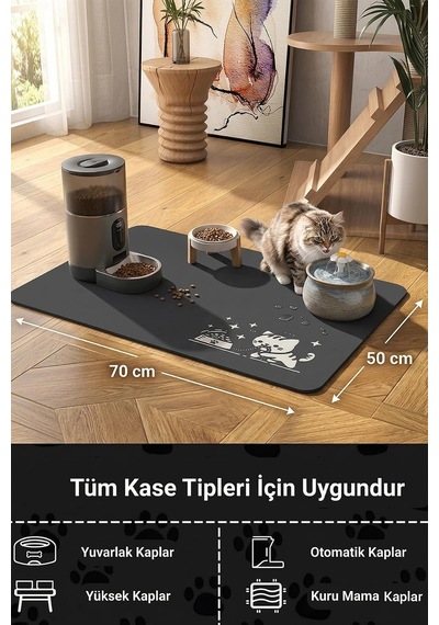 Matgo Pati Mama Çeken Kedi Gri Renk Beslenme Matı Kaymaz Sıvı Geçirmez Kedi Köpek Mama Paspası 50x70cm