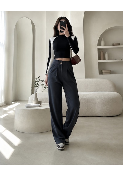 Unika Boutique Kadın Yüksek Bel Pileli Düğme Detaylı Bol Kesim Likralı Palazzo Kumaş Pantolon kahve